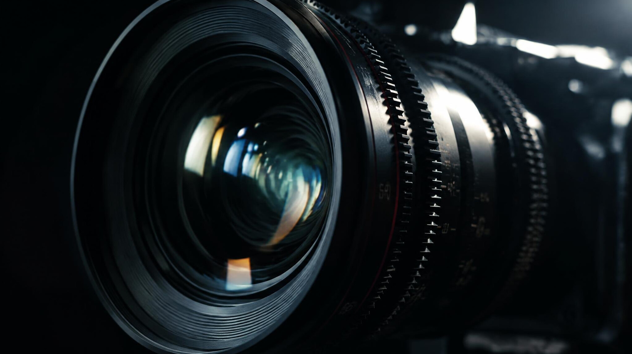 Close up of a professional video camera lens under studio lighting