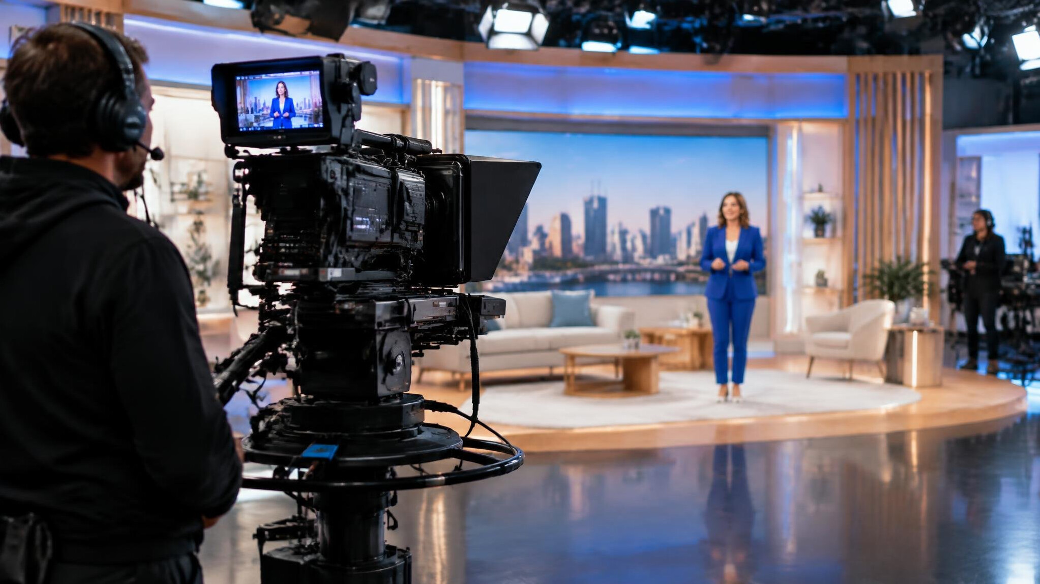 Television studio camera filming a live show segment