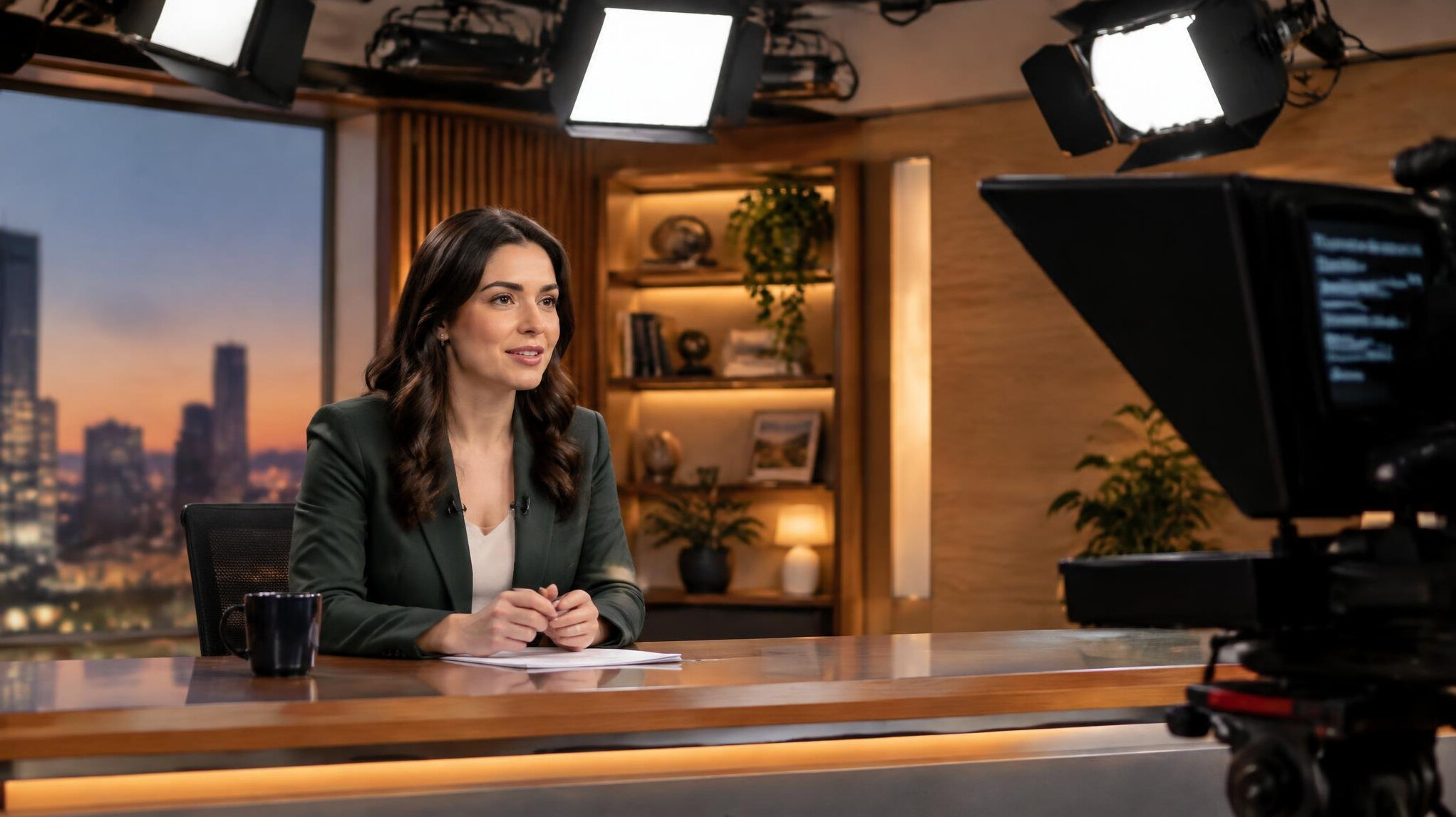 Presenter recording a segment in a broadcast studio