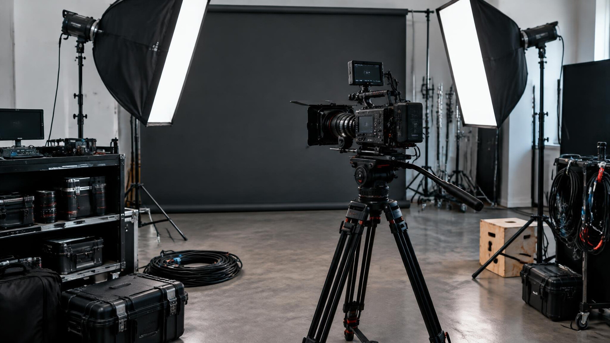 Professional camera and lighting equipment set up for filming